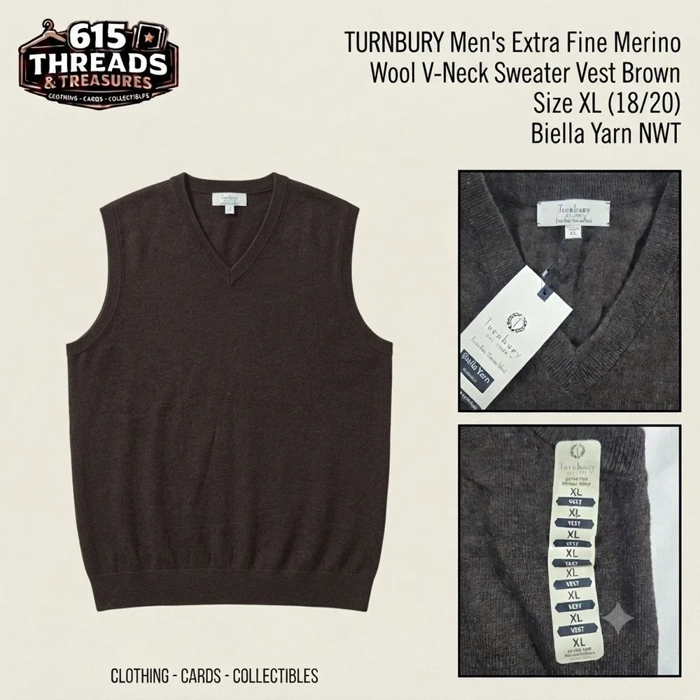 Turnbury Mens Sweater Vest XL Brown Extra Fine Merino Wool Biella Yarn New Tags